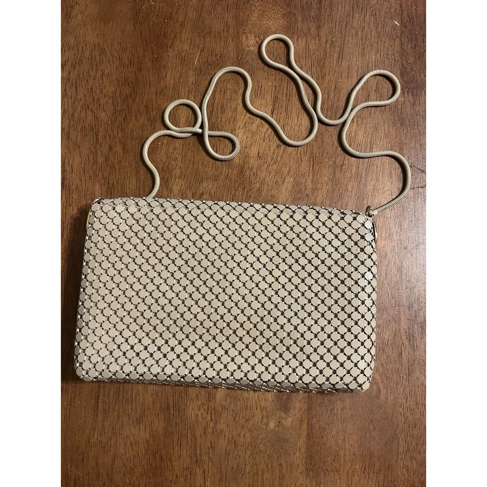 Whiting & Davis Vintage Metal Mesh Clutch Purse Tan Cord Strap Cocktail Bag